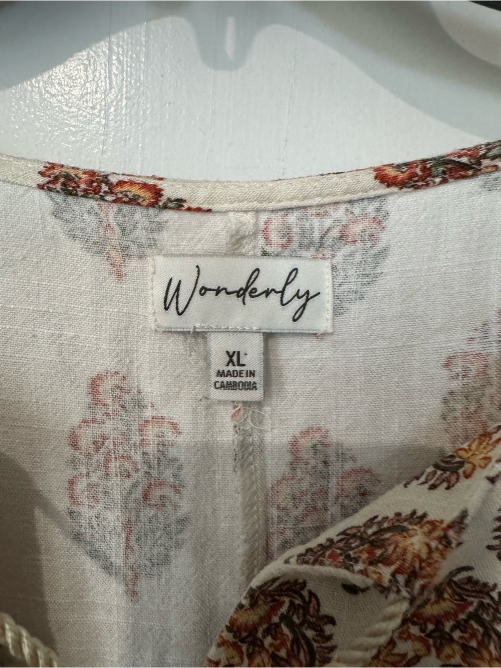 Wonderly XL Floral Boho Blouse Rayon Linen Blend Peasant Tie Neck Ivory Rust - Picture 4 of 6